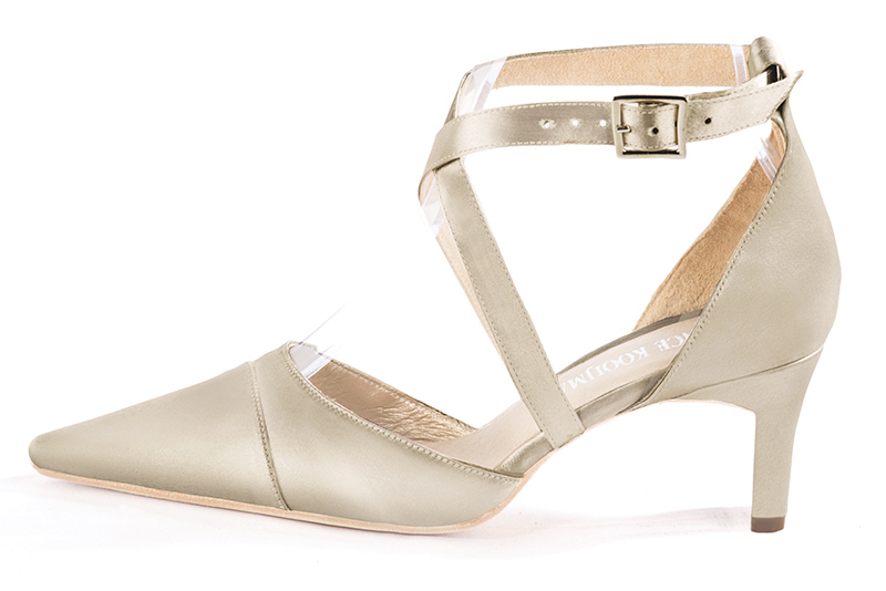 Gold women's open side shoes, with crossed straps. Pointed toe. Medium comma heels. Profile view - Florence KOOIJMAN